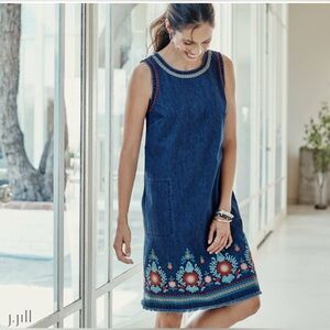 J. Jill Luxurious Embroidered Malibu Denim Dress M‎ Medium Boho Pockets Cruise